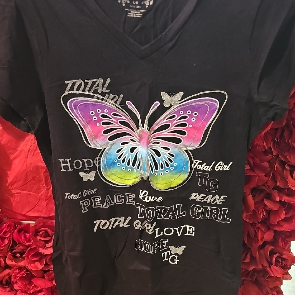 Total Girl Black V-Neck T-Shirt with Colorful Butterfly Design Size Lg 14½ - 16½